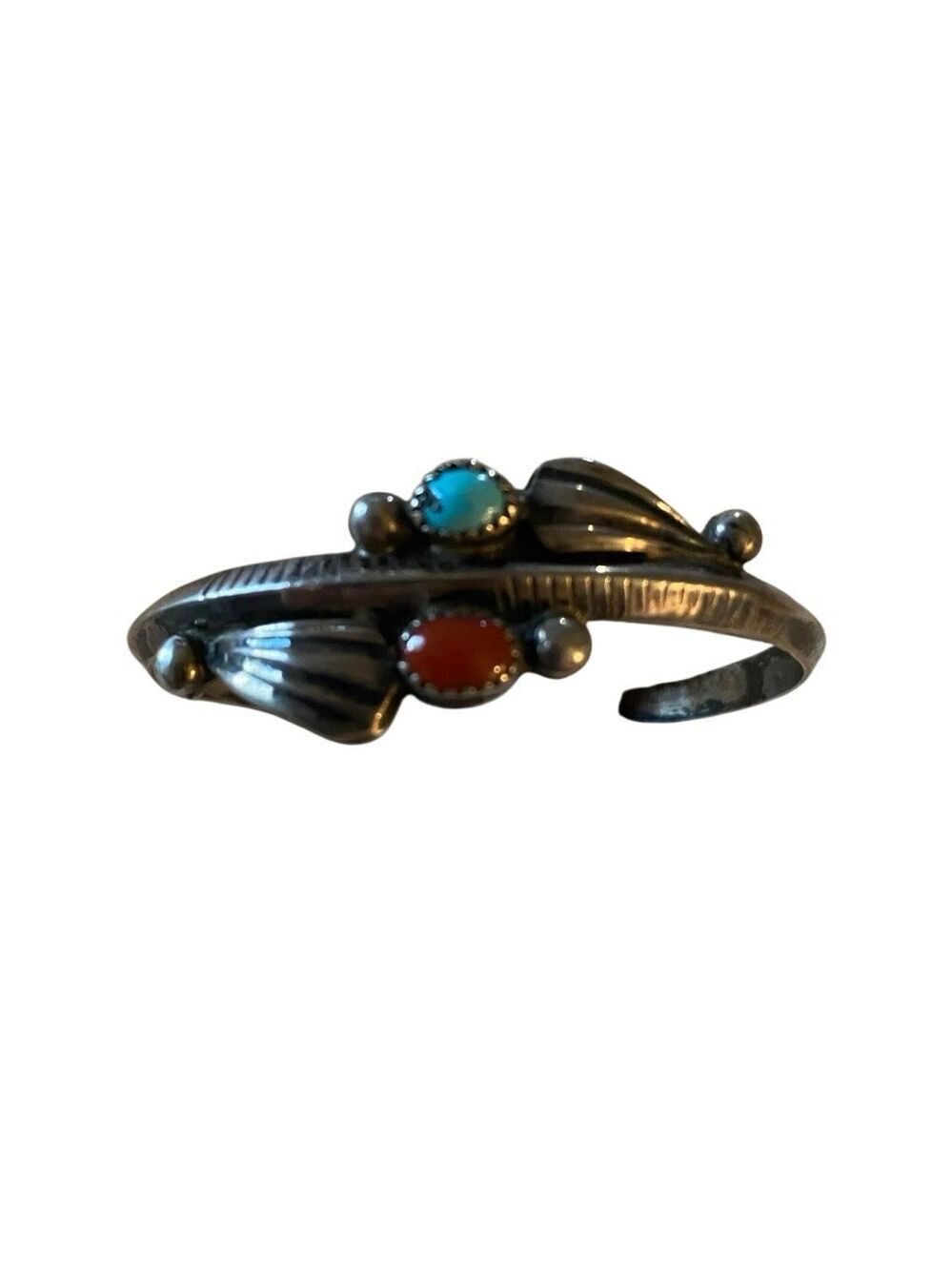 Vintage Navajo Harry Plummer Sterling Silver Turquoise Red Coral Cuff Bracelet